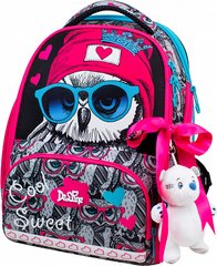 Ранець шкільний для дівчаток сірий з блакитним і рожевим, сова в окулярах DeLune 10-003