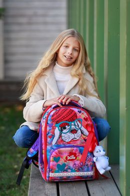 Ранець шкільний для дівчаток рожево-блакитний, собачка в шапці DeLune 10-002
