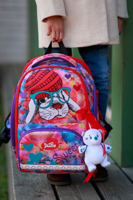 Ранець шкільний для дівчаток рожево-блакитний, собачка в шапці DeLune 10-002
